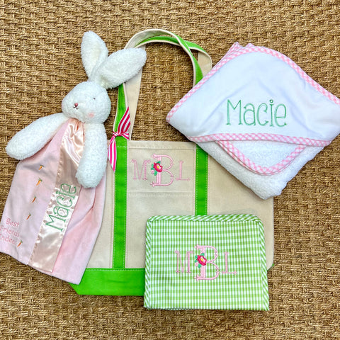 New Baby Gift Set - Tote, bunny, towel, and pouch