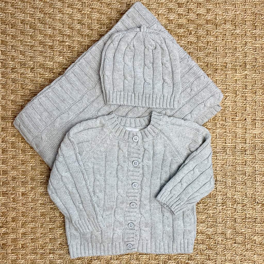 3 Piece Cable Knit Beanie, Sweater & Blanket Set