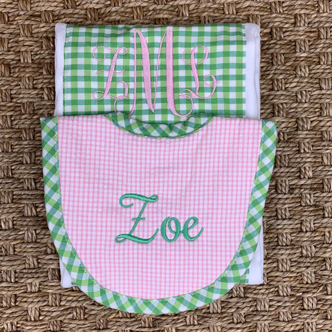 Bib & Drooler Set - Pink & Green Check